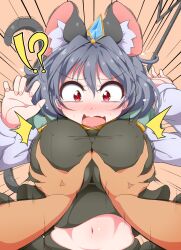 !? 1boy anger_vein animal_ear_fluff animal_ears bangs blush breast_grab breasts brown_background bwell commentary_request covered_erect_nipples dowsing_rod female grabbing grey_hair grey_skirt grey_vest groping highres large_breasts long_sleeves looking_at_viewer looking_down midriff mouse_ears mouse_girl mouse_tail navel nazrin nose_blush open_mouth pov pov_hands red_eyes shirt short_hair skirt solo_focus straight surprised tail touhou upper_body vest white_shirt