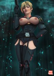 1girls areolae blonde_hair blue_eyes breasts breasts_out clothed disney female female_only garter_straps gun hand_on_hip ivana_anemon large_breasts looking_at_viewer nipples sergeant_calhoun short_hair smile smirk soldier solo thigh_boots wreck-it_ralph