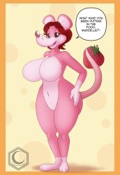 artist_logo barbie_doll_anatomy big_breasts big_butt carol carol_(ratatoing) crescent-blue-zero english_text featureless_breasts furaffinity furry holding_object holding_object_with_tail no_nipples orange_border pink_fur rat ratatoing red_hair rodent speech_bubble strawberry video_brinquedo