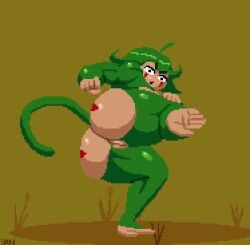 1girls abs anthro ass big_ass female female_only green_fur green_hair kana_(spinneborg) leg_up looking_at_viewer monkey monkey_girl muscular_female nipples nude pixel_art primate pussy solo spinneborg tattoo thick_thighs