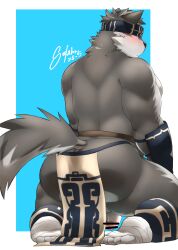 absurd_res anthro ass ass_focus back_muscles balls blindfold blush bottomwear canid canine canis clothing countershading fur gay genitals grey_body grey_fur hi_res horkeukamui kayashima_soru kneeling lifewonders loincloth male male_only mammal muscular muscular_anthro muscular_male penis solo tokyo_afterschool_summoners video_games wolf