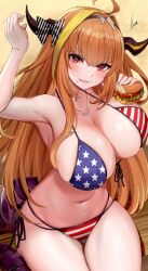 4th_of_july american_flag_bikini armpits big_breasts bikini bow breasts dragon_girl eating female female_focus holoforce hololive hololive_japan horn kiryu_coco orange_eyes orange_hair piukute062 tagme thick_thighs virtual_youtuber vtuber