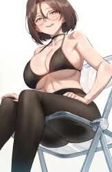 big_breasts bikini_top blue_eyes collar female female_focus folding_chair glasses kkamja pantyhose smiling_at_viewer smug_face tagme_(character)