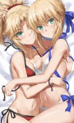 2girls artoria_pendragon artoria_pendragon_(fate) bangs bare_shoulders bed bed_sheet bed_sheets belly belly_button bikini bikini_bottom bikini_top blonde blonde_eyebrows blonde_female blonde_hair blonde_hair_female blush bow breasts cleavage closed_mouth daughter eyebrows_visible_through_hair fate/apocrypha fate/grand_order fate/stay_night fate_(series) female female_only green_eyes hair_ornament hair_ribbon holding hug hugging long_hair looking_at_viewer medium_breasts milf mordred_(fate) mordred_(swimsuit_rider) mother mother_and_daughter multiple_girls navel parted_bangs ponytail red_bikini ribbon ribbons saber sheets smile smiling smiling_at_viewer swimsuit swimwear teeth tonee toothy_grin two-piece_swimsuit undressing undressing_another white_bikini yuri