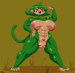 1girls abs anthro big_breasts breasts female female_only green_fur green_hair kana_(spinneborg) monkey monkey_girl muscular_female nipples nude pixel_art primate pussy solo spinneborg tattoo thick_thighs