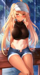 1girls black_rock_shooter blonde_hair blush breasts chariot_(black_rock_shooter) denim_shorts female female_focus large_breasts long_hair m-da_s-tarou minishorts one-piece_swimsuit orange_eyes pigtails pokies shorts sitting solo tagme tagme_(character) tanline tennis_court tennis_outfit tennis_uniform