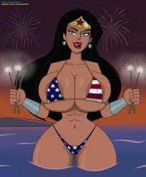 1girls 4th_of_july amazon american_flag american_flag_bikini areola_slip areolae ass_visible_through_thighs big_breasts bikini black_hair blue_eyes breasts cartoon_network dc_comics dcau female female_only fireworks fourth_of_july front_view holidays huge_breasts justice_league justice_league_unlimited large_areolae large_breasts navel nipples solo standing star_earrings superheroine thick_thighs tiara warner_brothers whale_warrior whalewarrior123z wide_hips wonder_woman wonder_woman_(series)