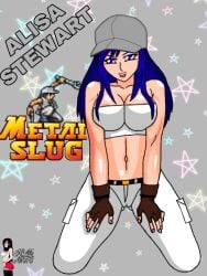 alisa_stewart blue_eyes blue_hair female gloves jgm_arts metal_slug military military_hat military_uniform snk video_game_character video_games white_pants