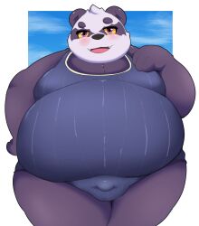 2022 alp_(tokyo_afterschool_summoners) anthro belly big_belly black_nose blush bulge clothing giant_panda hi_res kemono kusosensei lifewonders male mammal obese obese_male one-piece_swimsuit overweight overweight_male purple_body solo swimwear tokyo_afterschool_summoners ursid video_games white_body