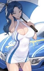 artist_request blue_eyes blue_hair car character_request female female_focus kkamja large_breasts race_queen soo_ryeon_(kkamja) umbrella white_background white_dress white_skin