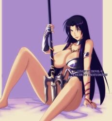 1girls black_hair breasts busty human long_hair looking_at_viewer pale-skinned_female pale_skin pandora_(saint_seiya) saint_seiya saint_seiya:_the_lost_canvas showing_breasts sitting_on_bed specters trident villainess