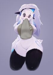 <3_eyes absurd_res anthro apron apron_lift big_breasts black_clothing black_legwear black_thighhighs bodily_fluids bovid breasts caprine clothed clothing clothing_lift digital_media_(artwork) female fingers flashing fur hair heart heart_(marking) hi_res kindred lamb_(league_of_legends) league_of_legends legwear long_hair looking_at_viewer mammal riot_games sheep simple_background soda_uyu solo sweat thighhighs video_games white_body white_fur