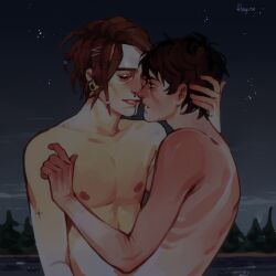 2boys ahoguru bangs black_hair blush brown_hair closed_eyes dreadlocks finn_mcnamara gay hand_on_head hand_on_shoulder holding_head imminent_kiss lake life_is_strange life_is_strange_2 male male/male male_only nose_ring piercing piercings sean_diaz tattoo uncensored yaoi