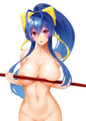 1girls 2d areolae big_breasts blazblue blue_hair blue_ponytail bow breasts completely_naked completely_nude completely_nude_female female female_focus female_only female_solo highres kitagawa_onitarou looking_at_viewer mai_natsume naked naked_female nipples_covered nude nude_female ponytail solo solo_female tagme yellow_bow