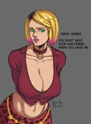 arms_behind_back bare_midriff big_breasts blonde_hair choker cleavage crop_top dbd dead_by_daylight dorkbum dyed_hair english_text female female_only flirting green_eyes hanging_breasts leaning_forward leopard_print lipstick maria_(silent_hill) short_hair silent_hill silent_hill_2 solo succubus two_tone_hair