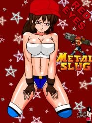 breasts brown_hair female gloves jgm_arts metal_slug military military_hat military_uniform red_eye_(metal_slug) red_eyes shirt shorts snk video_game_character video_games