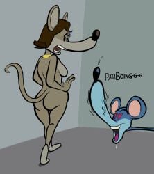 1boy 1girls ass blue_fur brown_fur brown_hair bundog dat_ass drooling featureless_breasts female furry furry_female furry_male heart heart_eyes horny marcel_toing necklace no_nipples no_sex oscar's_wife rat ratatoing rodent staring video_brinquedo