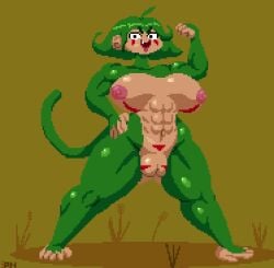 1girls abs anthro big_breasts breasts female female_only green_fur green_hair kana_(spinneborg) looking_at_viewer monkey monkey_girl muscular_female nipples nude pixel_art primate pussy solo spinneborg tattoo thick_thighs