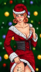 1girls big_breasts blush blush blushing_at_viewer ginger ginger_hair green_eyes looking_at_viewer penny_(stardew_valley) santa_costume santa_hat smile smiling smiling_at_viewer solo solo_female stardew_valley sundrie76