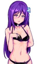 1girls abigail_(stardew_valley) black_bra bra choker female female_only light-skinned_female pixel_art pleasure_face purple_eyes purple_hair solo solo_female stardew_valley touching_breast touching_own_breast white_background xy_(artist)