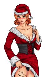 1girls big_breasts blush blushing_at_viewer ginger ginger_hair green_eyes looking_at_viewer no_background penny_(stardew_valley) santa_costume santa_hat simple_background smile smiling smiling_at_viewer solo solo_female stardew_valley sundrie76 transparent_background