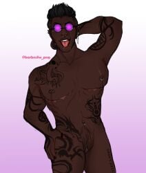 1boy barbnsfw_png black_hair black_skin calamidade clitoris cuntboy dark_skin digital_media_(artwork) ear_piercing earrings eyebrow_piercing glasses highres intersex male male_only marc_menet mastectomy_scar naked nipple_piercing nose_piercing nude nude_male open_mouth ordem_paranormal piercing pussy scar scars sidecut solo solo_male tagme tattoo tongue_out tongue_piercing top_surgery_scars