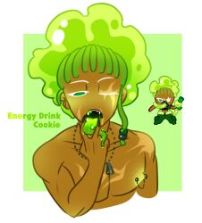 1other ambiguous_gender barbell_piercing blush cartoony cookie_run cunnilingus_gesture dark_skin energy_drink_cookie eyelashes fangs green_eyes green_hair green_tongue human humanized humanoid long_tongue male male_only marshii_lewds masculine necklace nipple_piercing nipples one_eye_closed open_mouth saliva saliva_on_tongue scar scars sexually_suggestive simple_background solo suggestive_gesture tagme teeth tongue tongue_out unknown_gender v