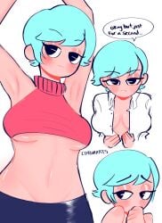 big_breasts blue_hair cdromarts cleavage mint_(cdromarts) original short_hair shy underboob_shirt