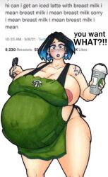 1girls apron areola_slip areolae belly big_belly big_breasts breasts female huge_breasts iced_latte_with_breast_milk jishintai meme outie_navel pregnant solo