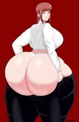 1girls ass ass_body big_ass big_butt bubble_ass bubble_butt chainsaw_man dress_shirt fat_ass female female_focus female_only giant_ass gigantic_ass huge_ass huge_butt huge_thighs hyper hyper_ass hyper_butt jarsman_(artist) looking_at_viewer looking_back looking_back_at_viewer makima_(chainsaw_man) massive_ass panties pulling_up_pants red_hair round_ass smile sweat sweatdrop thick_ass thick_thighs tight_pants yellow_eyes