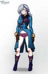 1girls artist_name ashe_ubert ass_visible_through_thighs bare_legs boots breasts dated earrings female female_only fire_emblem fire_emblem:_three_houses freckles genderswap_(mtf) gloves green_eyes green_hair grey_background legs medium_hair minacream nintendo panties ponytail purple_panties rule_63 small_breasts smile solo underwear