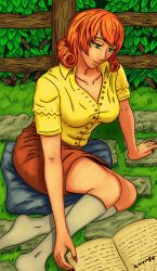 1girls big_breasts brown_skirt female female_only ginger ginger_hair green_eyes light-skinned_female looking_down penny_(stardew_valley) reading reading_book red_nail_polish red_nails skirt socks solo solo_female stardew_valley sundrie76 white_socks yellow_shirt