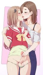 1futa 1girls bottomless brown_hair clothed clothing decensored earrings erection female french_kiss fully_clothed futanari hairclip handjob human jeans kissing kujya light-skinned_female light-skinned_futanari light_skin long_hair nail_polish off_shoulder panties partially_clothed penis penis_in_panties precum sailor_shirt standing testicles uncensored undershirt