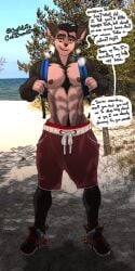 backpack beach big_bulge bodily_fluids body_hair bottomwear bulge canid canine canis castbound chest_hair clothed clothing detailed_background dialogue domestic_dog eye_scar facial_scar fingerless_(marking) hair happy_trail hi_res huge_bulge looking_at_viewer male mammal muscular russell_(castbound) scar seaside short_hair shorts solo sweat talking_to_viewer topless