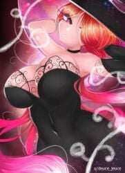 big_breasts black_clothing black_dress choker cyclea deuce_jeuce elbow_gloves female female_only galaxy_collapse_(geometry_dash) geometry_dash looking_at_viewer pink_eyes red_hair solo solo_female witch_hat