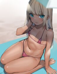 1boy 2022 absurd_res artist_name beach beach_towel beach_umbrella bikini blonde_hair blush bulge crossdressing dark-skinned_femboy dark-skinned_male dark_skin dated eyebrows_visible_through_hair feet femboy girly green_eyes gyaru gyaru-oh gyaru-oh_femboy hand_on_cheek highres kneeling looking_at_viewer male male_only micro_bikini navel nipple_bulge open_mouth original red_bikini shadow signature sitting smile soles solo swimsuit tan tanline tawapo thighs toes tongue towel trap umbrella wariza