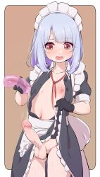 1futa areolae artificial_vagina balls bangs big_penis blue_hair blush clothed clothing cum_string dress dress_lift erection flat_chest futa_only futanari human kujya lavender_hair light-skinned_futanari light_skin long_hair maid maid_headdress maid_uniform nipples no_panties onahole partially_clothed penis saliva solo standing testicles unbuttoned_dress