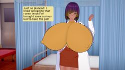 3d big_lips breasts_bigger_than_head bursting_breasts caption cat_eyes cleavage comic dark-skinned_female emotioncreator gideonlover huge_breasts huge_lips hyper_breasts illusion_soft infirmary massive_breasts nipple_bulge nipples_visible_through_clothing purple_hair scientist