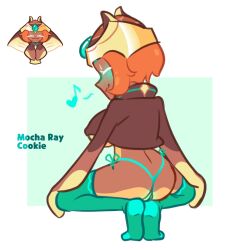 ass big_breasts blue_blush blush breasts broly_culo closed_eyes cookie_run crop_top dark-skinned_female dark_skin eyes_closed g-string happy human humanized humanoid marshii_lewds meme mocha_ray_cookie musical_note nipple_bulge orange_hair pussy rear_view revealing_clothes short_hair sideboob simple_background smile squatting stockings thong underboob