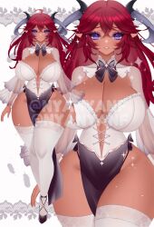 bow_collar busty high_heels nyannyanfu original_character purple_eyes red_hair see-through_sleeves tan_skin thick_thighs thighhighs