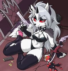 2022 anthro canine centinel303 chest_tuft cleavage curvaceous curvy desert_eagle detailed_background ear_tuft eyebrows_visible_through_hair fluffy_tail furry goth gun helluva_boss knife long_hair looking_at_viewer loona_(helluva_boss) panties pawpads paws revolver seductive thick_thighs thighhighs weapon wide_hips