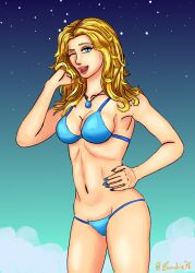 1girls :d bikini blonde_hair blue_eyes female_only haley_(stardew_valley) one_eye_closed smile smiling_at_viewer solo solo_female stardew_valley sundrie76 winking winking_at_viewer