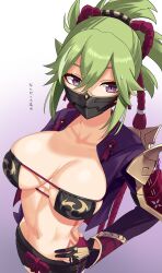 1girls big_breasts breasts busty gachou genshin_impact gloves green_hair jacket japanese_text kuki_shinobu mask midriff navel ninja purple_eyes shorts tattoo text translated