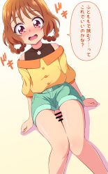 blush brown_hair censored clothing delicious_party_precure female hair_rings hanamichi_ran highres laika_(pixiv) penis precure pretty_cure red_eyes short_shorts shorts thigh_sex translated