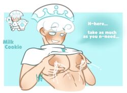 1boy areolae big_areola big_pecs blush breast_grab cookie_run dialogue english_text grabbing_own_breast hair half-closed_eyes heart-shaped_pupils horny human humanized humanoid lactating lactation male male_lactation male_only marshii_lewds milk milk_cookie milk_squirt muscular muscular_male nipples pecs presenting presenting_breasts short_hair smile solo tagme white_hair