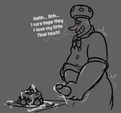 anthro_saltshaker boner chef chef_saltbaker chef_uniform chubby_male cum cum_on_food cuphead:_the_delicious_last_course cuphead_(game) embarrassed fat_cock food_preparation jerking_off_on_food male_only masturbation salt_shaker sweat