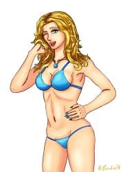 1girls :d bikini blonde_hair blue_eyes female_only haley_(stardew_valley) one_eye_closed smile smiling_at_viewer solo solo_female stardew_valley sundrie76 transparent_background winking winking_at_viewer