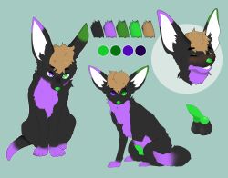 absurd_res animal_genitalia balls blush canid canine fennec feral fox fur genitals green_body green_eyes green_skin grey_body grey_fur heterochromia hi_res knot male mammal model_sheet mya_foxxo_(cookie_d0e) penis purple_body purple_eyes purple_fur reference_image simple_background solo unknown_artist