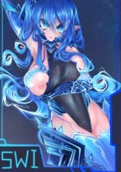 blue_background blue_eyes blue_hair boots breast_slip cyclea deuce_jeuce elbow_gloves female female_only geometry_dash huge_breasts light-skinned_female light_skin looking_at_viewer sonic_wave_infinity_(geometry_dash) thick_thighs thighs