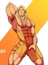 1boy arm_hair armpit_hair armpits blonde blonde_hair boner bulge chest_hair claws erection hairy holding_bulge leg_hair leotard long_hair male male_focus male_only marvel marvel_comics muscles muscular muscular_male nivyx presenting_armpit sabretooth simple_background smirk smirking solo solo_focus solo_male tagme tiger_stripes victor_creed